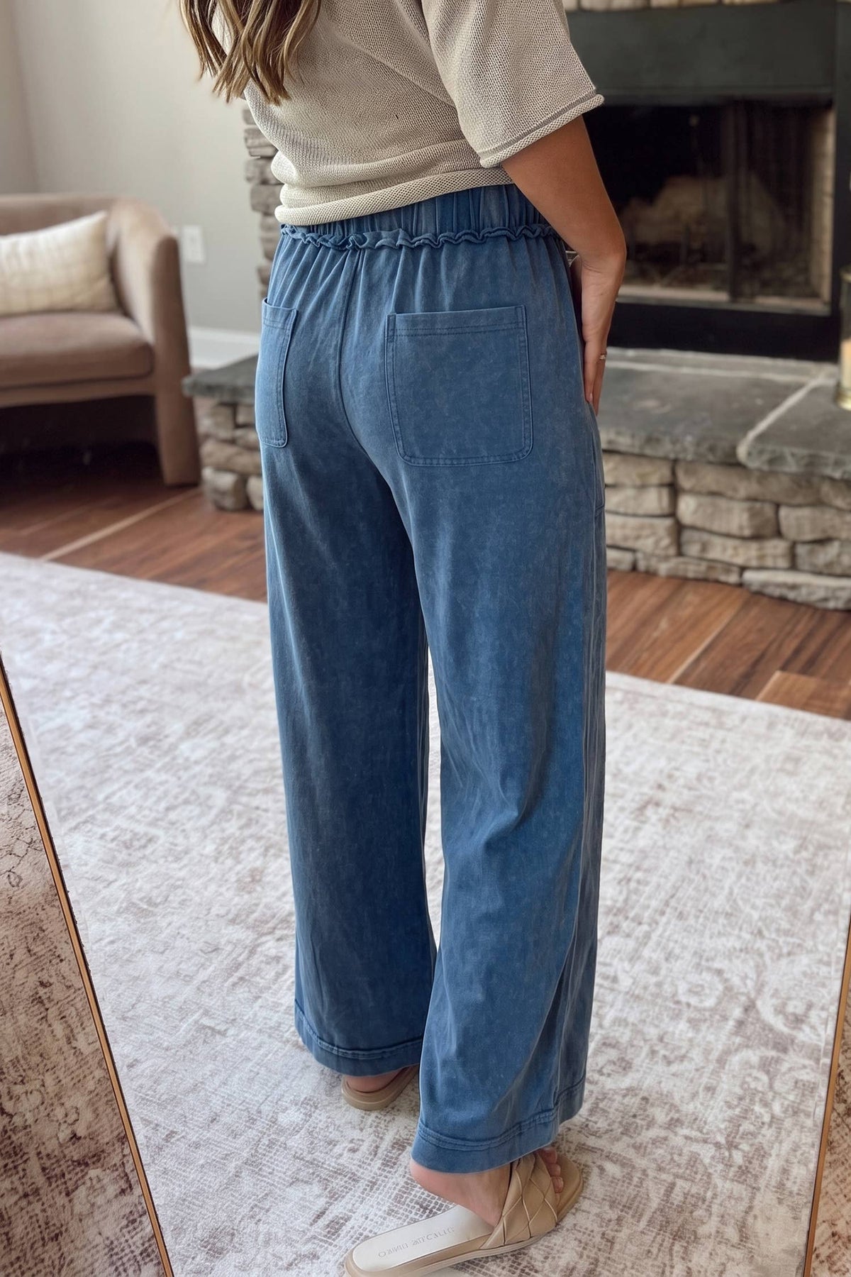 Mineral Wash Seam Detail Flare Leg Drawstring Pants: Ashleigh Blue