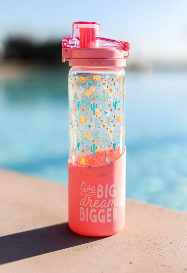 Glass Water Bottle (Pink) - Live Big Dream Bigger