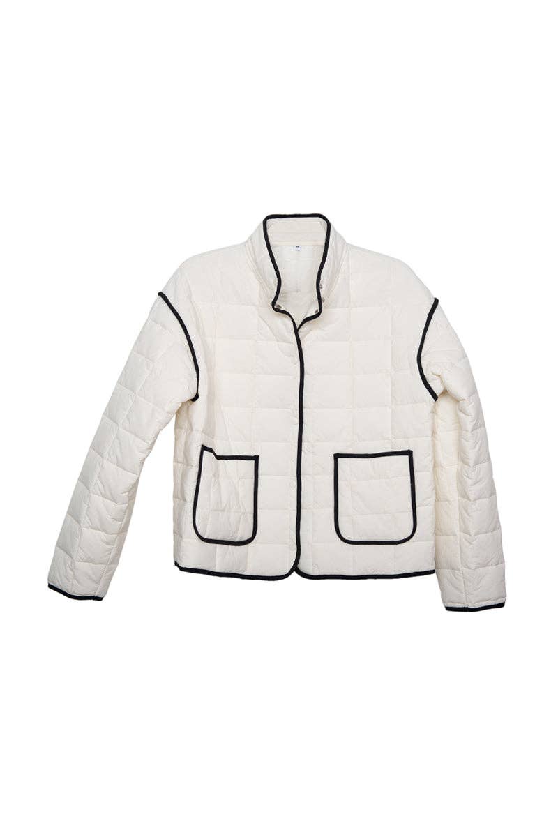 Hepburn Quilted Jacket: White w/ Black Trim