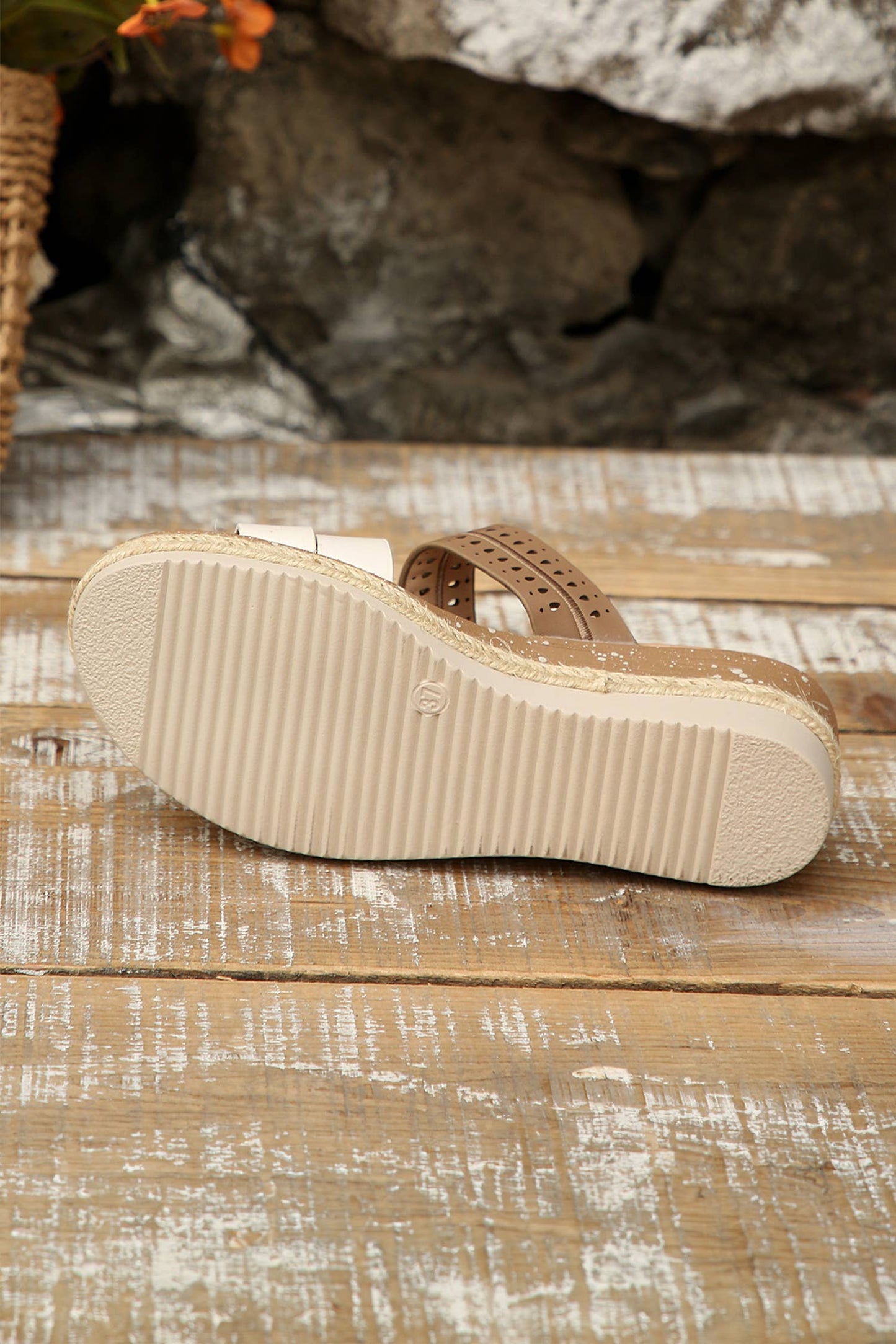 Hollowed Detail Color Block Straps Platform Wedge Slides: Coffee