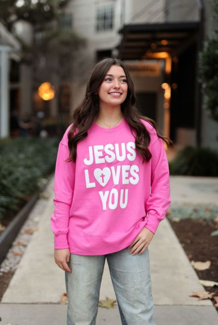 Jesus Loves You PUFF- Sweatshirt (Pink)