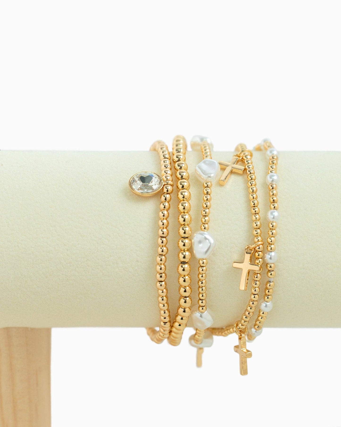 Cross Stone Pearl Multi Stretch Bracelet Set of 5