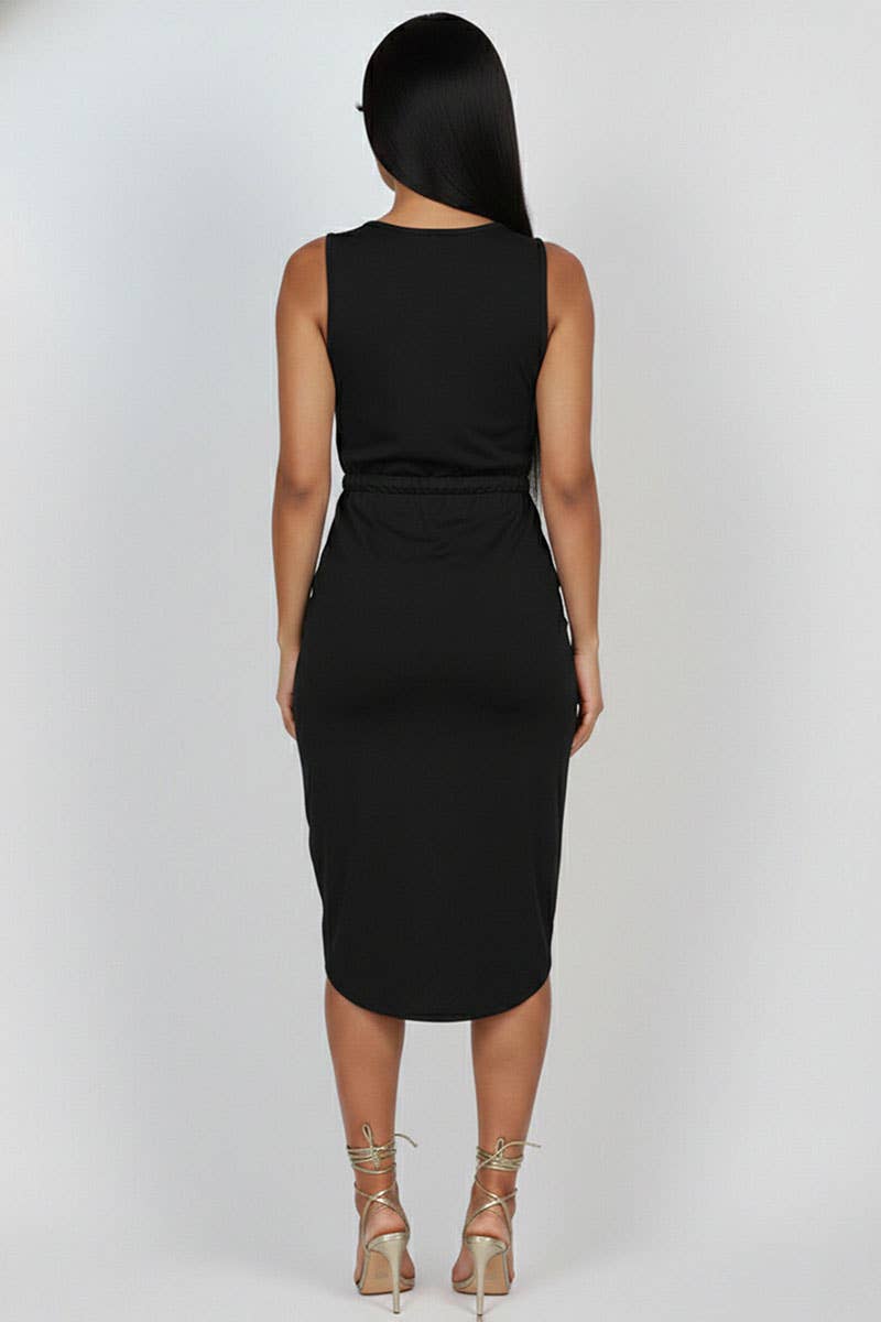 Drawstring Sleeveless Midi Dress: Black