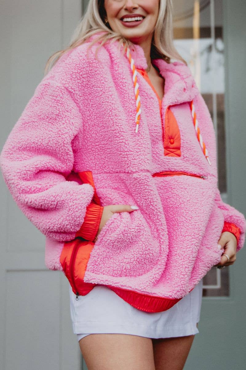 Pink Two-Toned Sherpa Pullover Hoodies: Pink