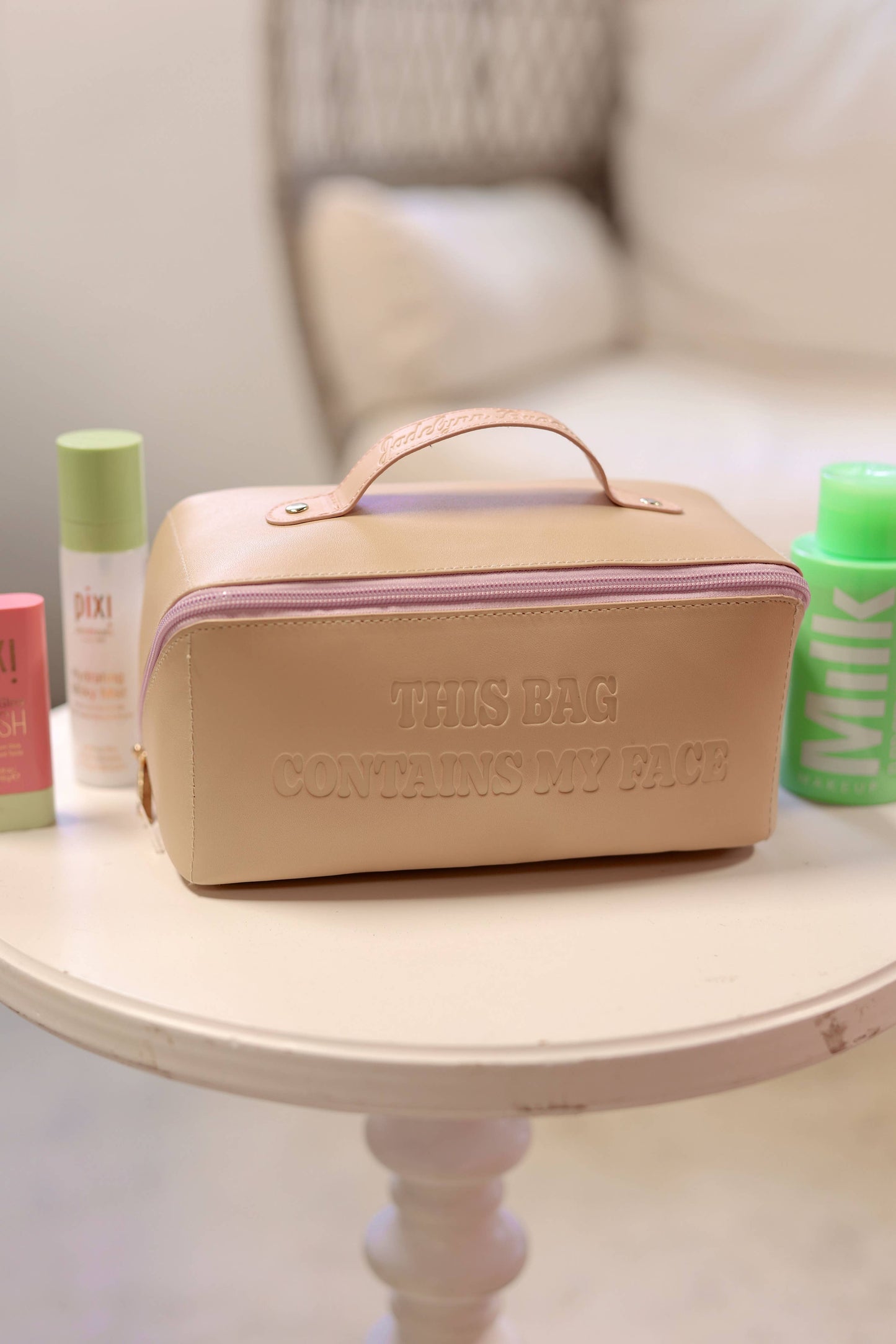 This Bag Contains My Face-Hold All Make Up Bag(Tan/Lavender)
