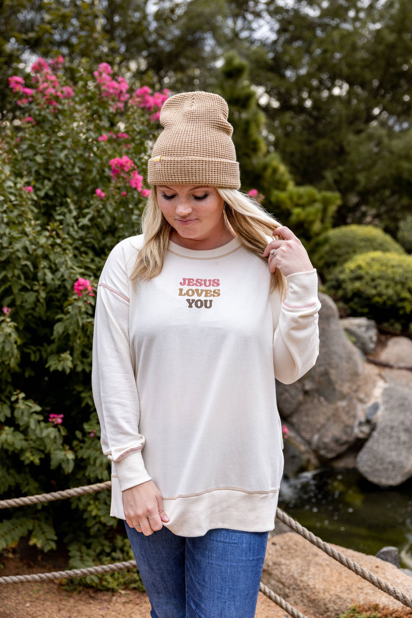 Jesus Loves You Embroidery - Light Weight Stitch Sweatshirt