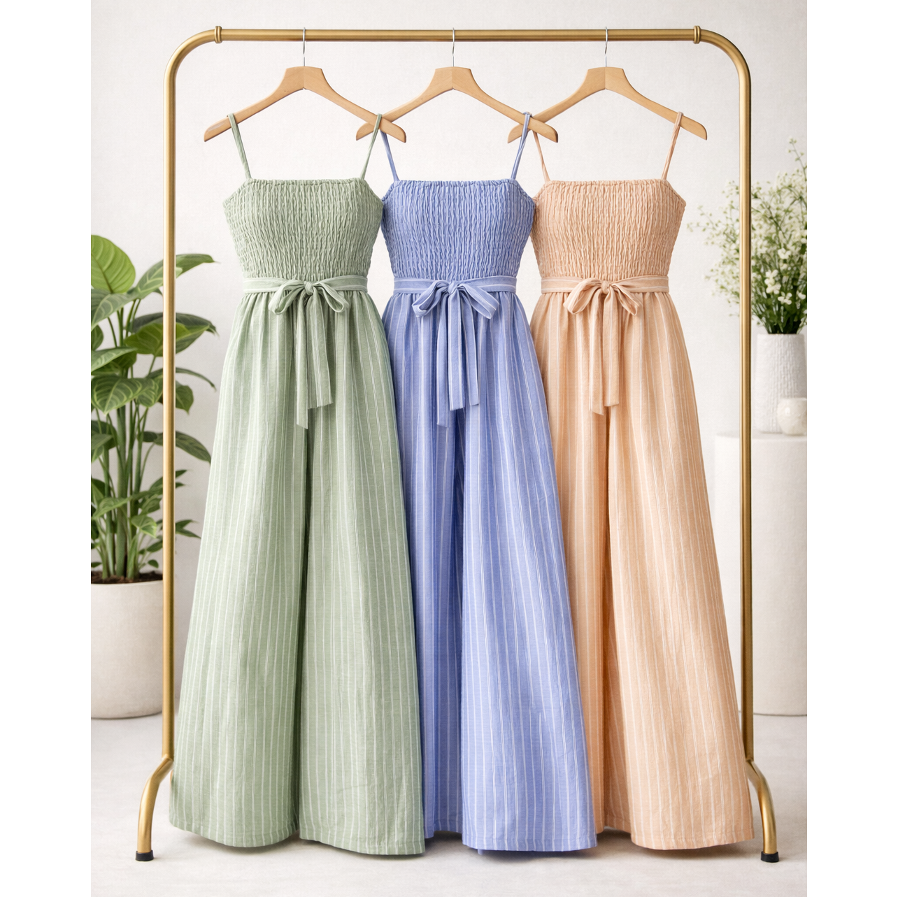Coastal Stripe Smocked Wide Leg Jumpsuit: Tan