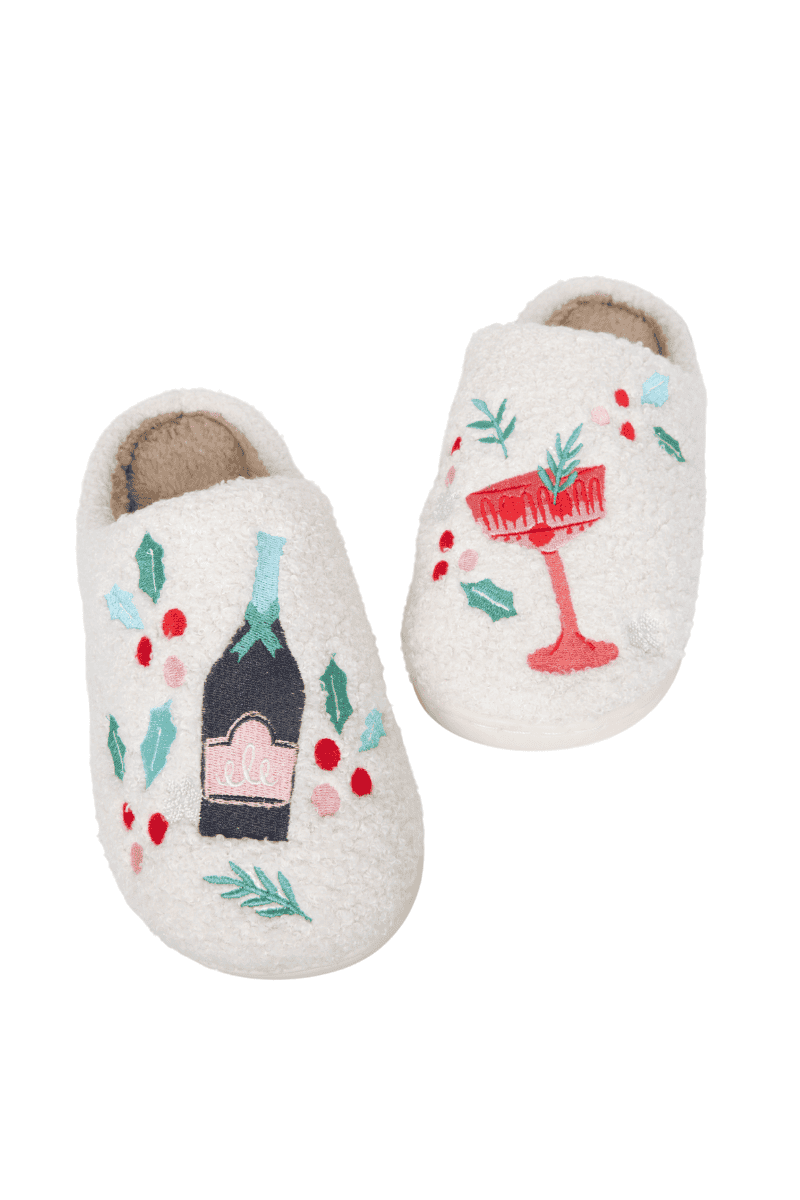 Christmas Champagne, Coupes & Holly Slippers for Women: White