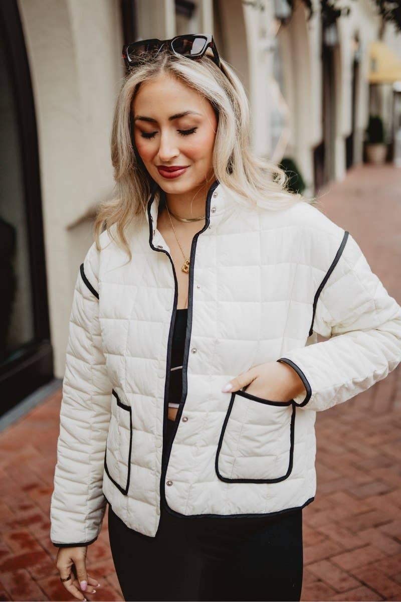 Hepburn Quilted Jacket: White w/ Black Trim