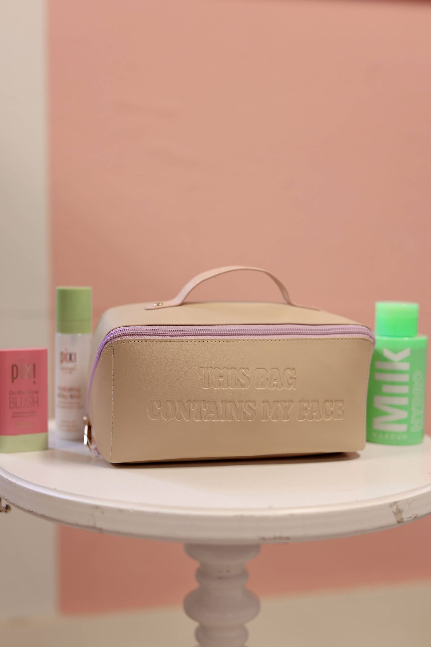 This Bag Contains My Face-Hold All Make Up Bag(Tan/Lavender)