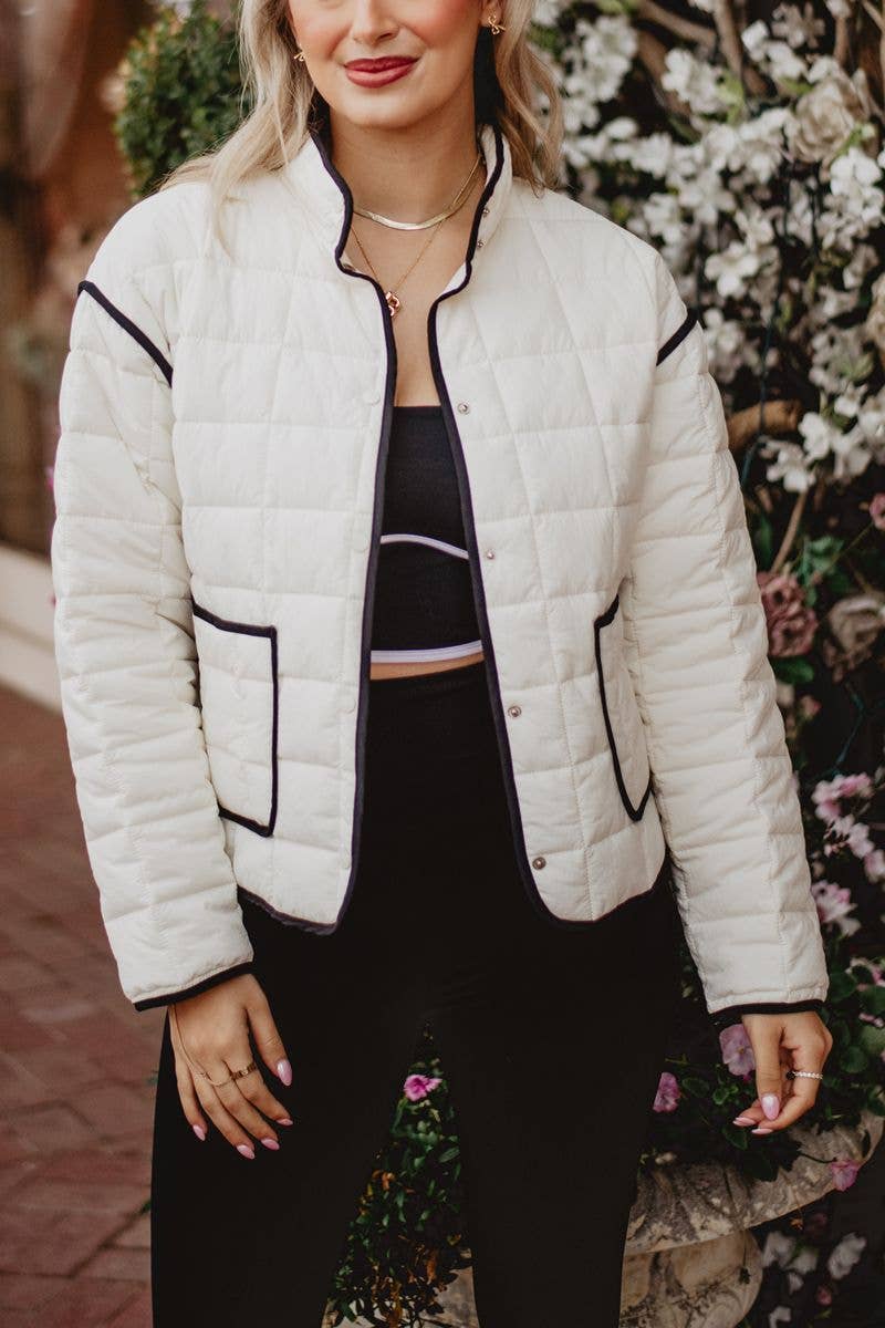 Hepburn Quilted Jacket: White w/ Black Trim