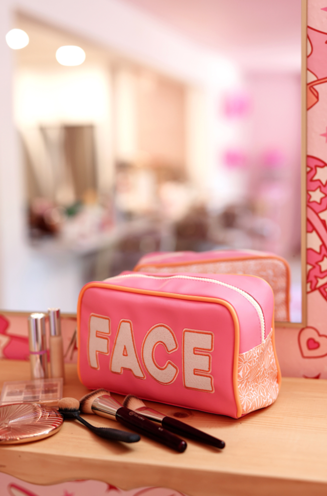 Handle Cosmetic Bag- 'Face' Embroidered (Pink/Orange/Cream)