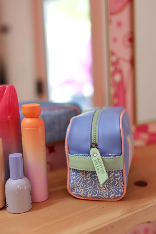 Handle Cosmetic Bag - 'Baby' Embroidered (Blue/Matcha/Coral)