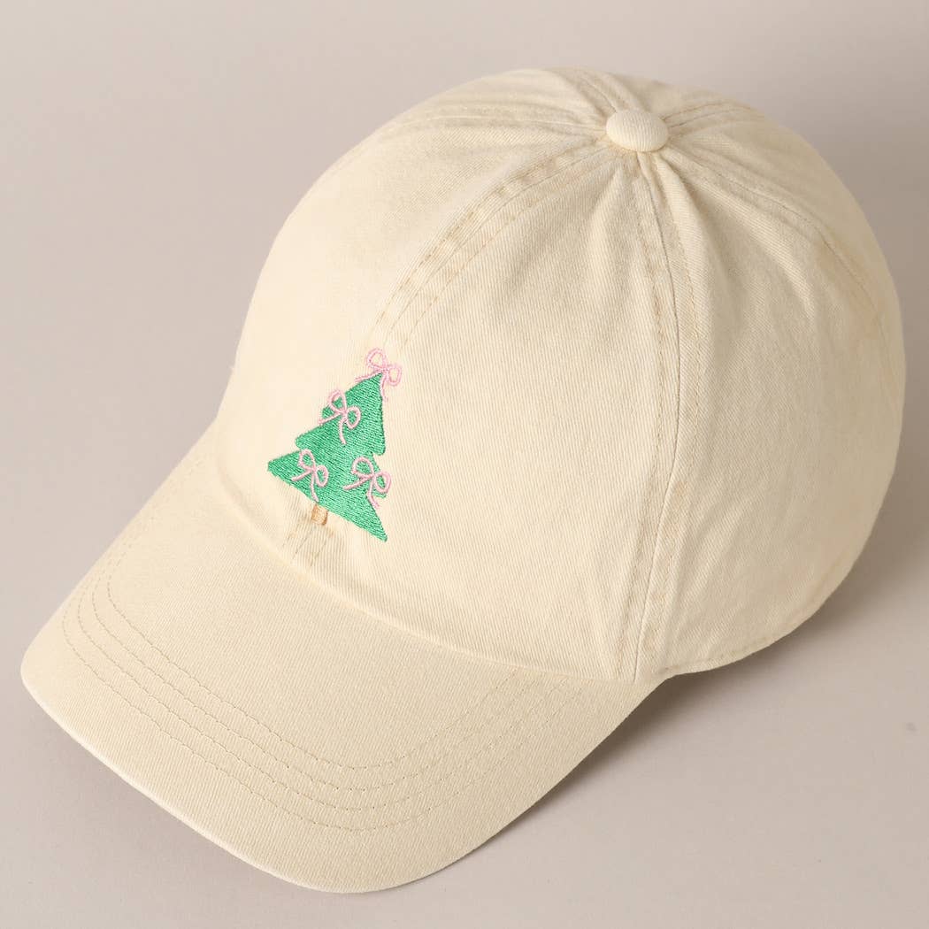 Christmas Tree Embroidery Baseball Cap: Beige / ONE SIZE