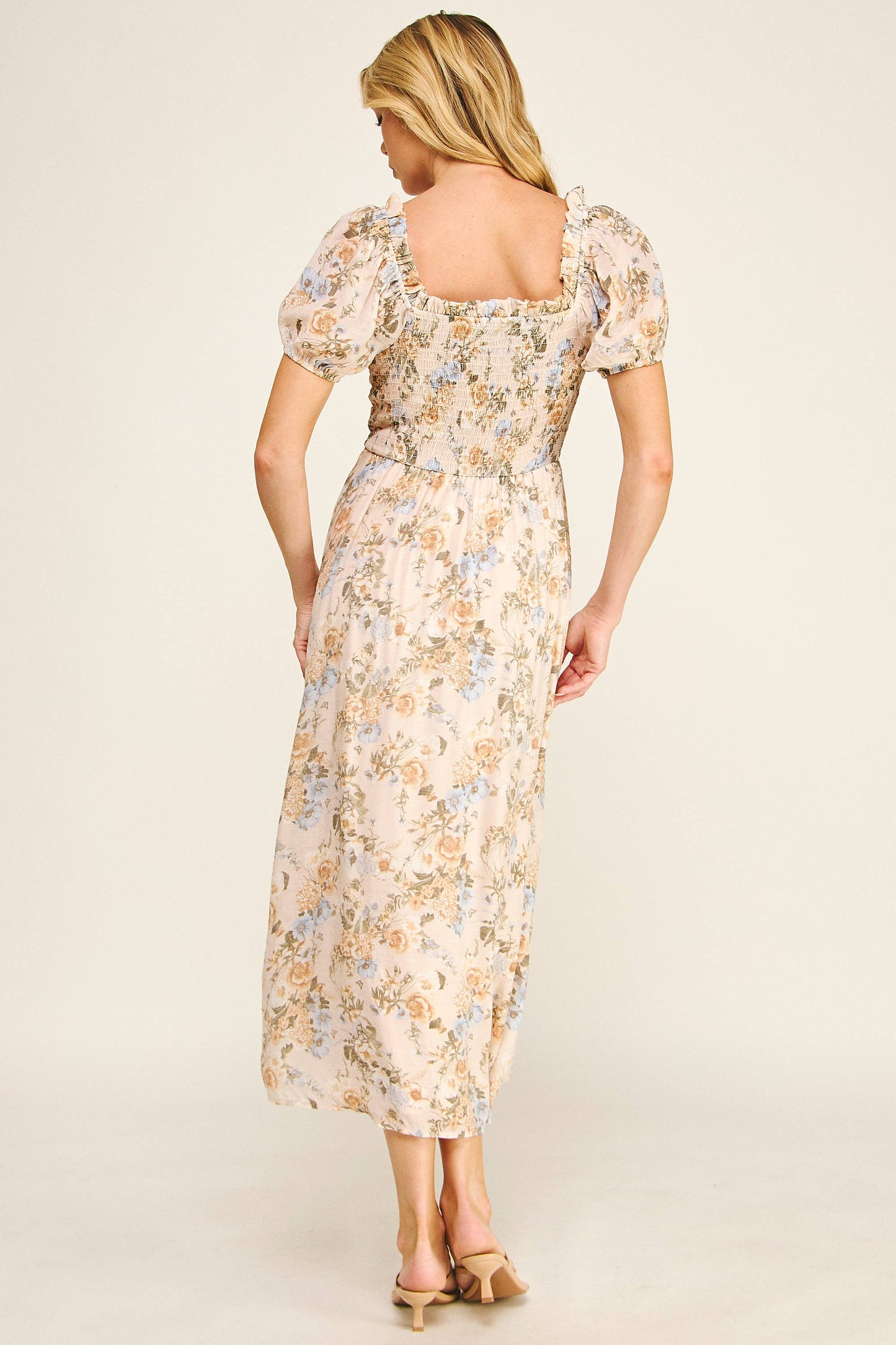 Sunlit Meadow Floral Maxi Dress: Tan