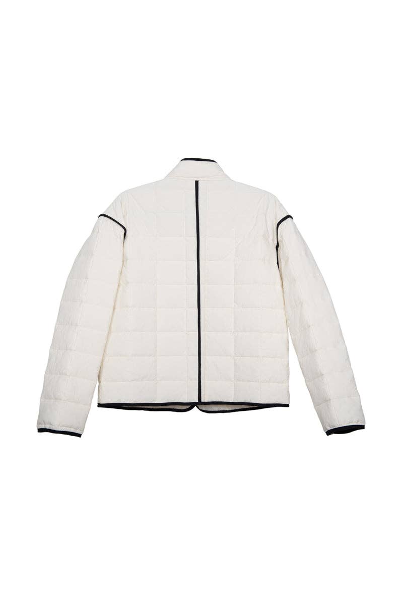 Hepburn Quilted Jacket: White w/ Black Trim