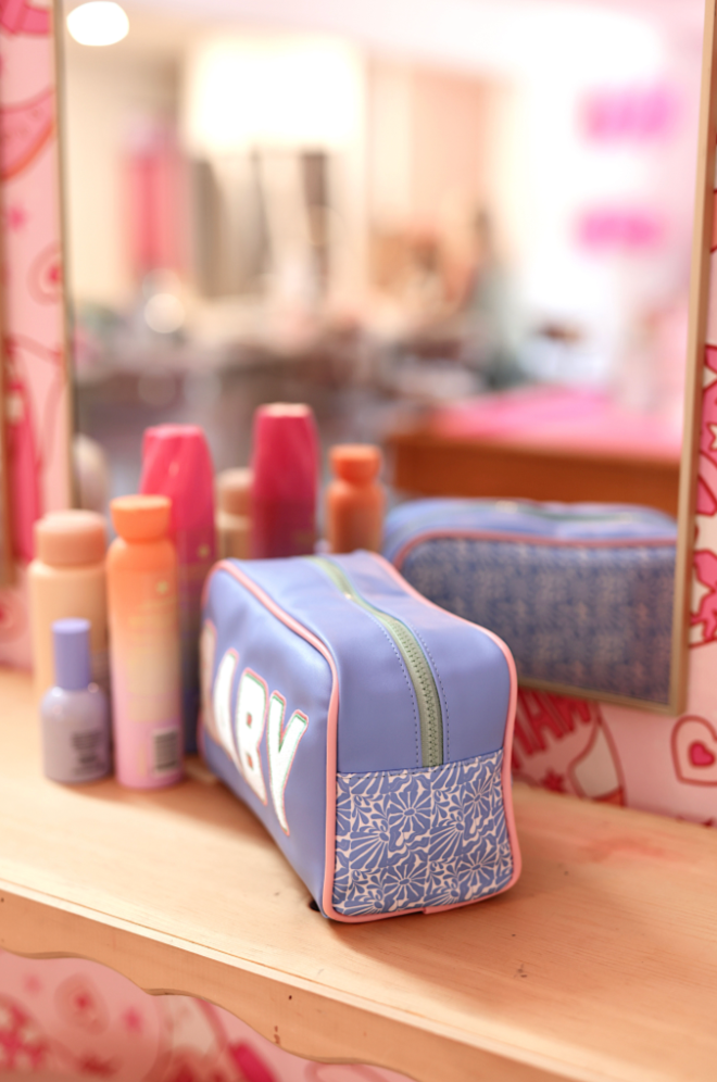 Handle Cosmetic Bag - 'Baby' Embroidered (Blue/Matcha/Coral)
