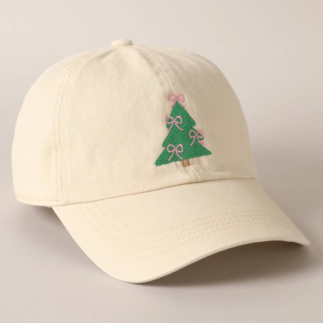 Christmas Tree Embroidery Baseball Cap: Beige / ONE SIZE
