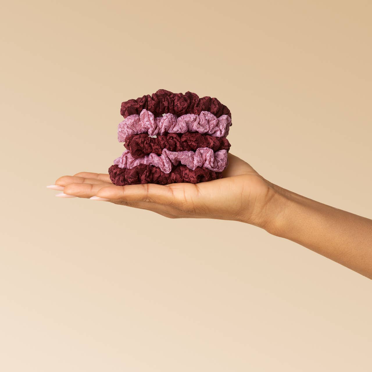 Ruched Lace Scrunchies 5pc Set - Cherry Lacquer & Dusty Pink
