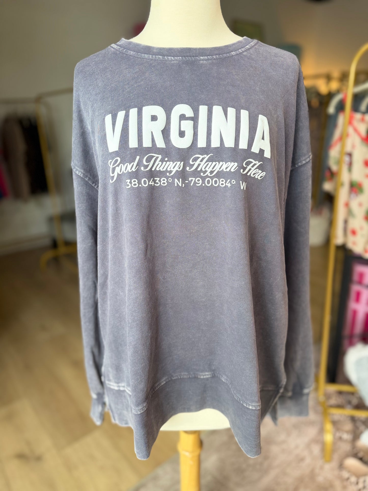 VA Good Things Happen Here - Charcoal Mineral Wash Pullover
