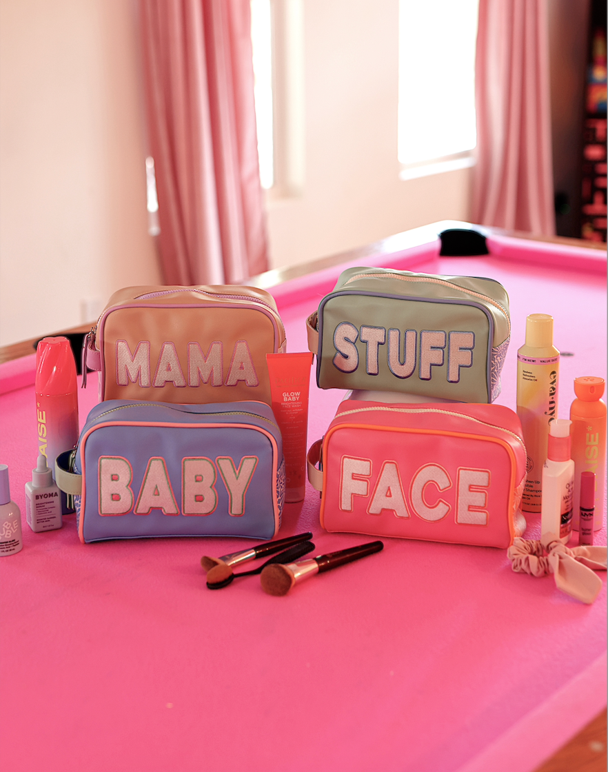 Handle Cosmetic Bag- 'Face' Embroidered (Pink/Orange/Cream)