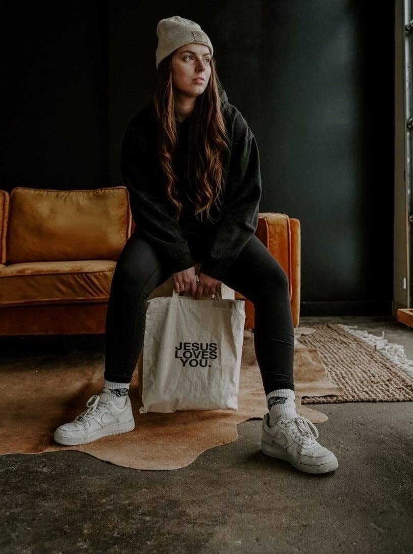 Jesus Loves You Premium Canvas Tote Bag: Tan