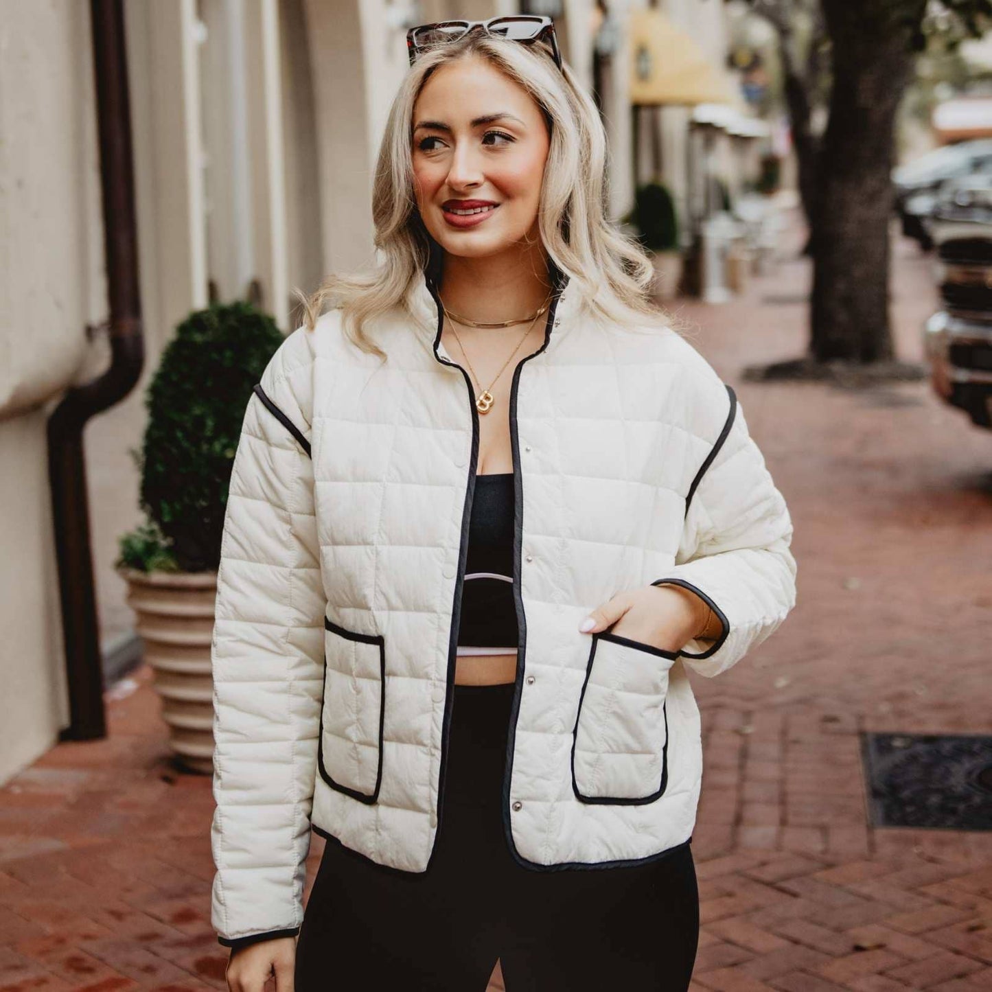 Hepburn Quilted Jacket: White w/ Black Trim