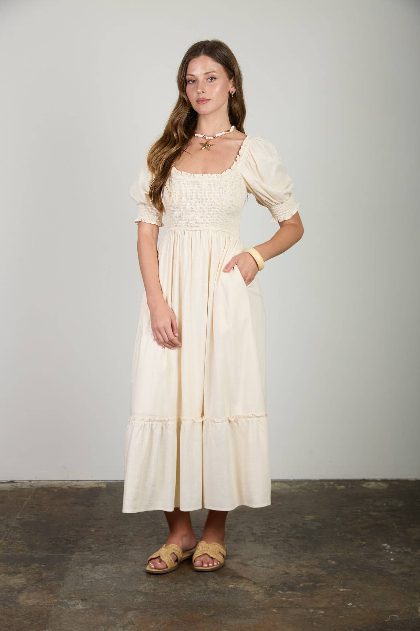Anne Smocked Puff Sleeve Midi Dress: Cream