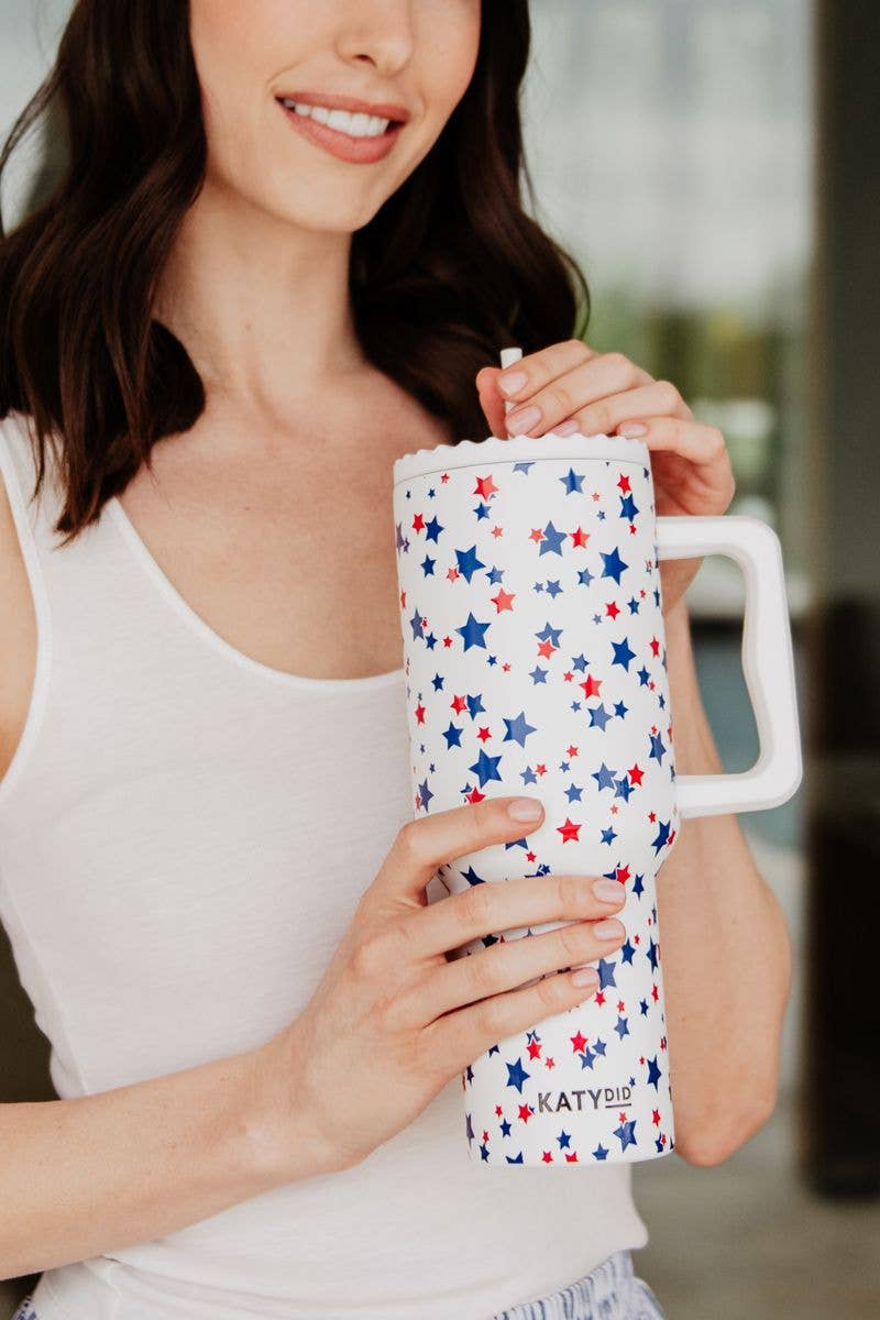 Red, White, Blue STAR 38 Oz Tumbler w/ Handle: White