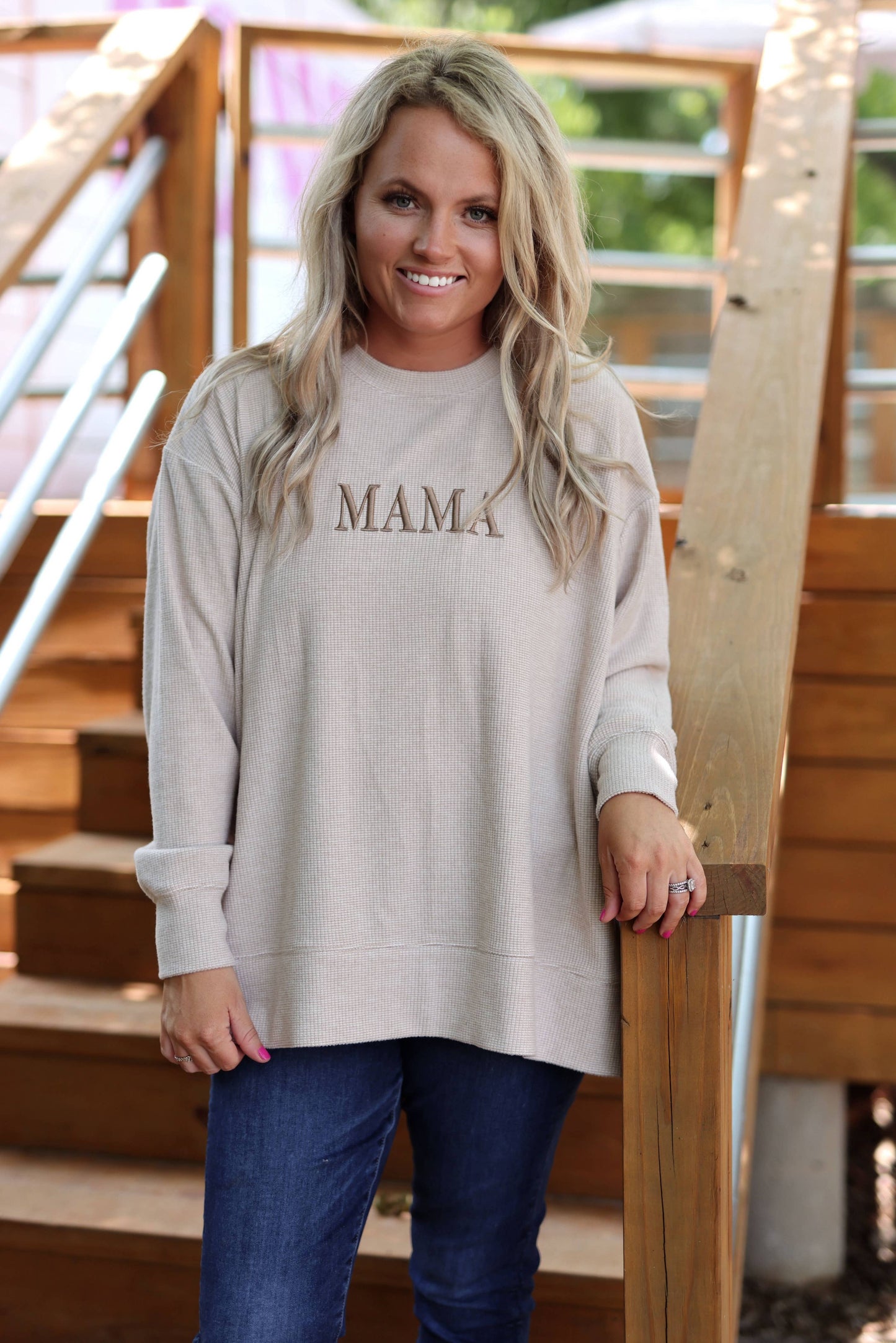 Mama 3DEmbroidery - Cozy Day Brushed Waffle Pullover (Latte)