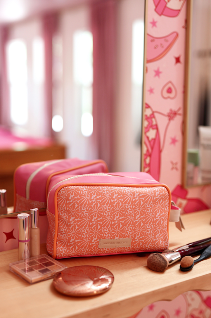 Handle Cosmetic Bag- 'Face' Embroidered (Pink/Orange/Cream)