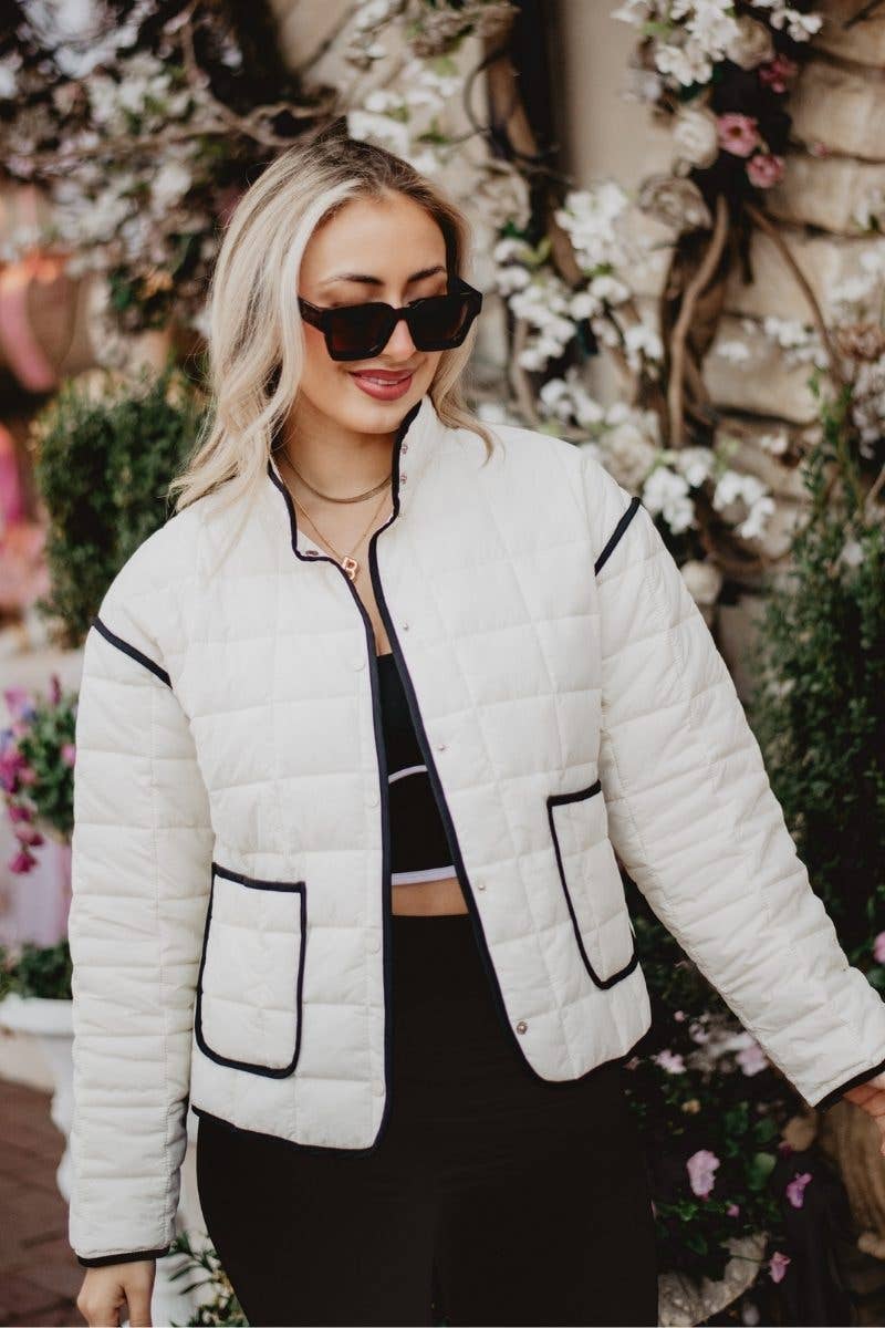 Hepburn Quilted Jacket: White w/ Black Trim
