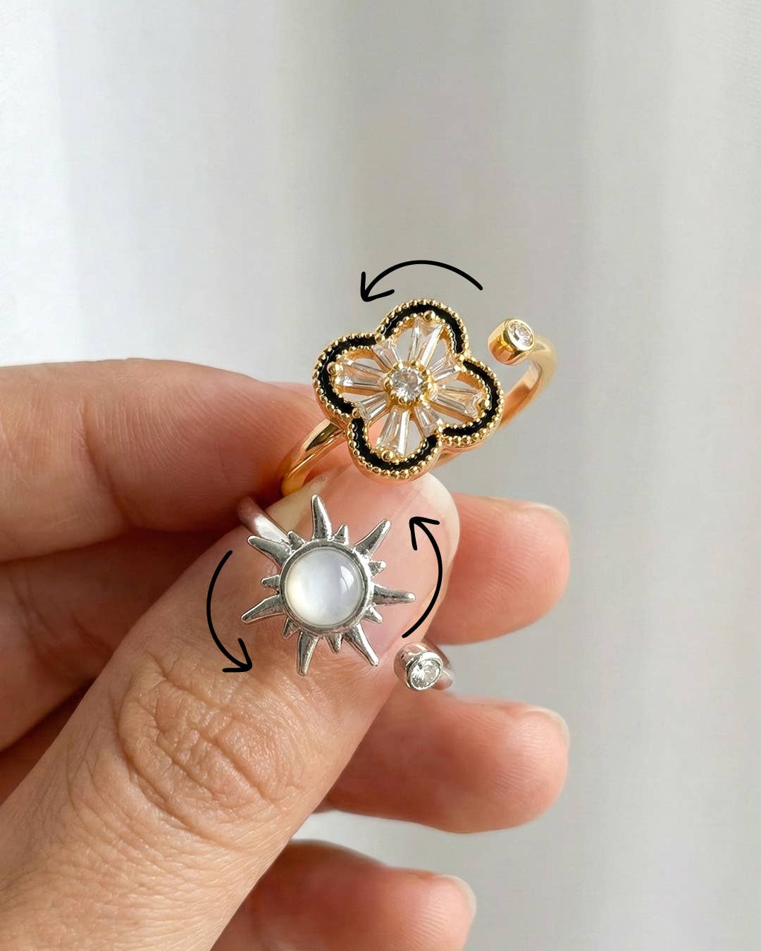 Anti Anxiety Fidget Sunburst Glass CZ Stone Adjustable Ring: Gold