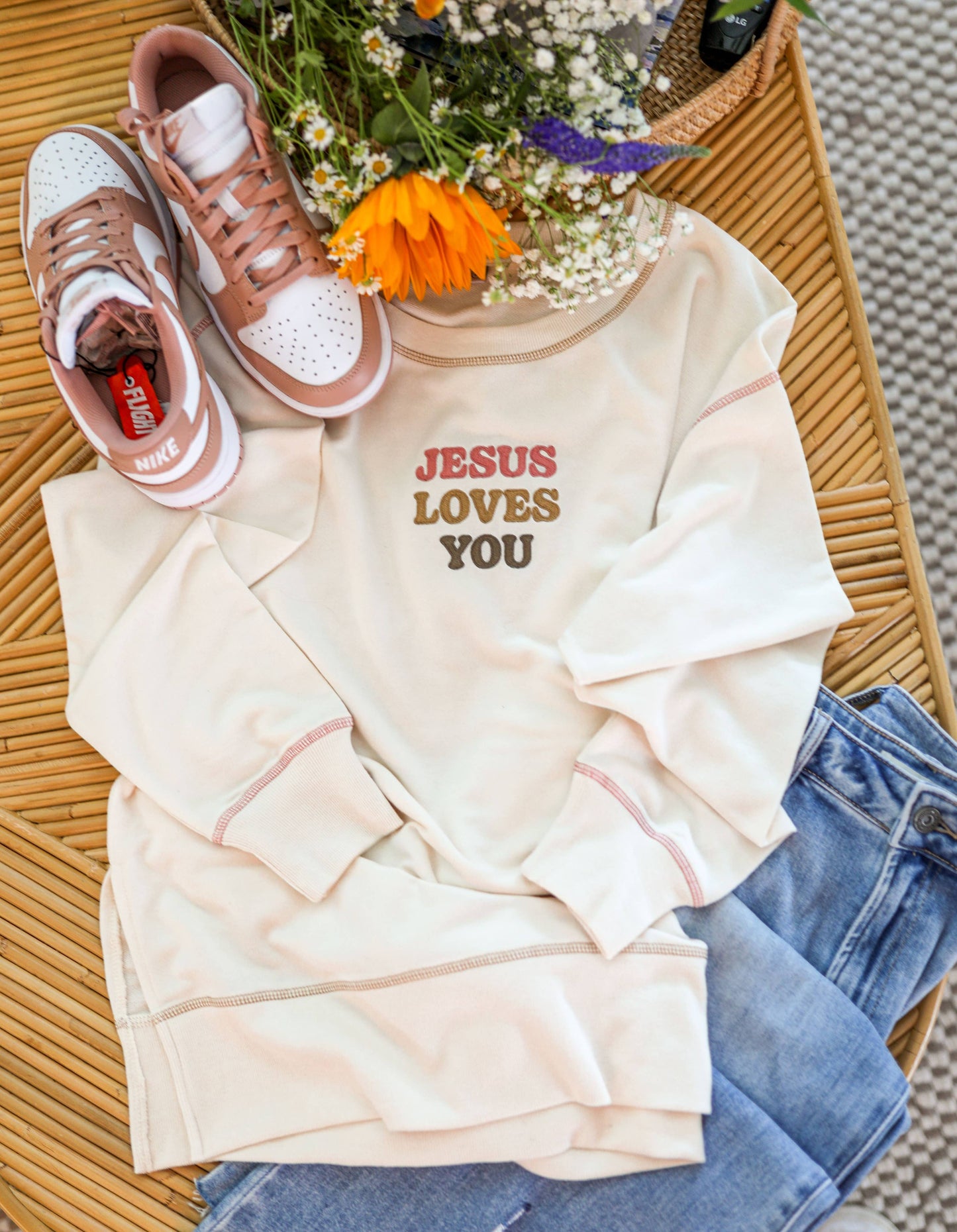 Jesus Loves You Embroidery - Light Weight Stitch Sweatshirt