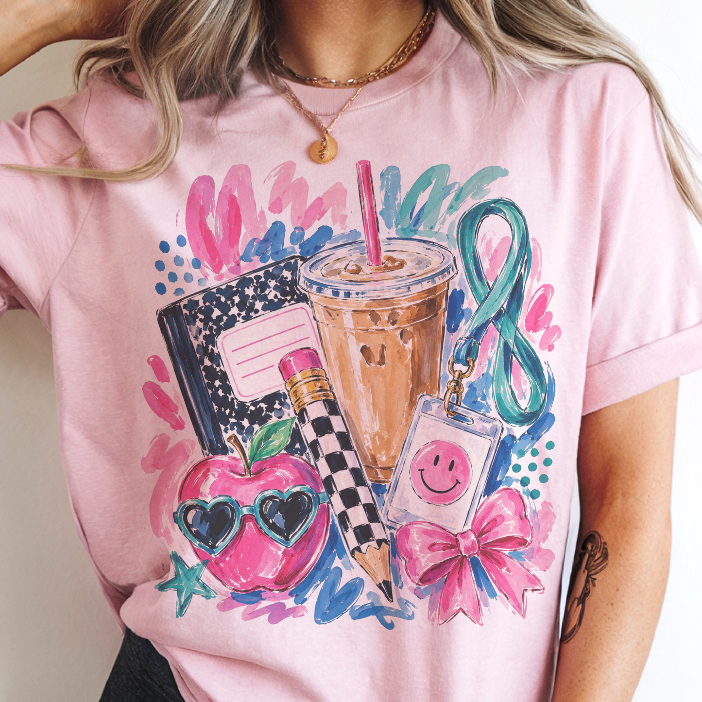 School Teacher Collage Teaching Vibes Retro Graphic Tee: Light Pink
