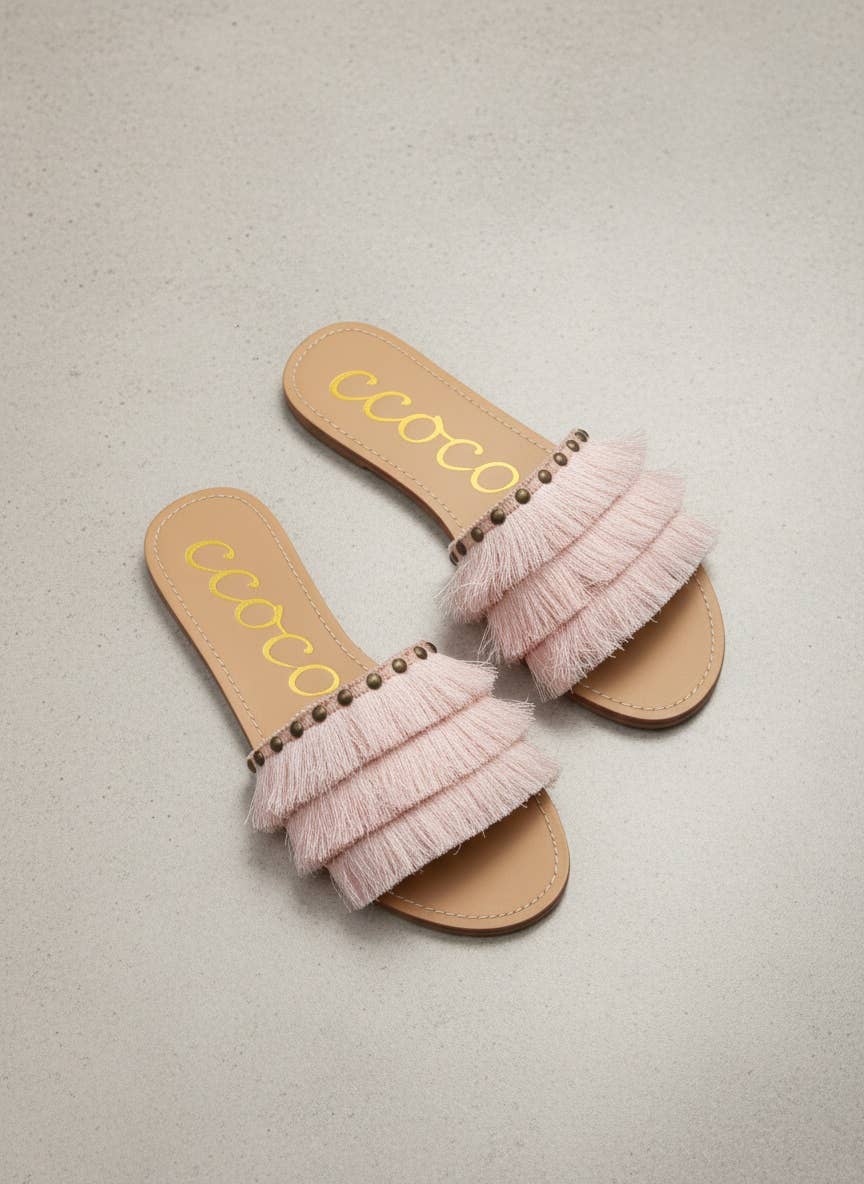 MARGARITA Fringe Tassel Slide Sandals Satin Upper Summer Fla: BLUSH