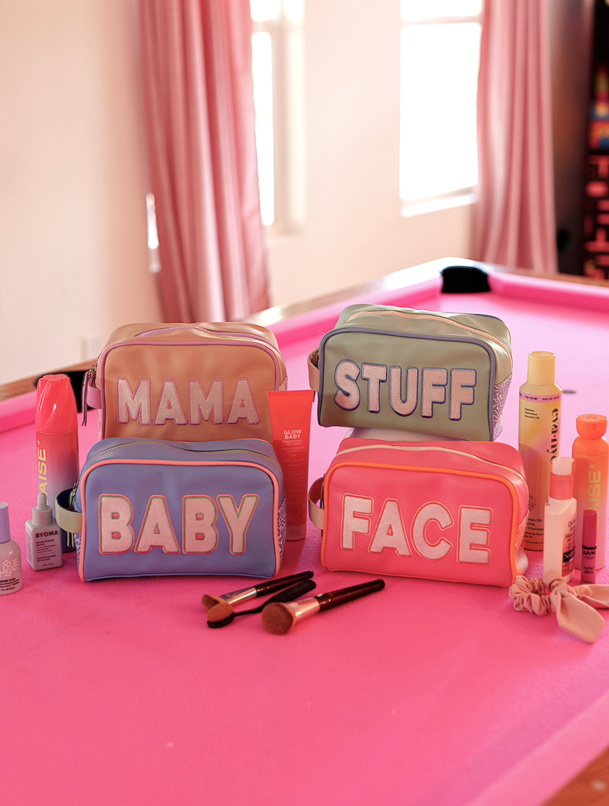 Handle Cosmetic Bag - 'Baby' Embroidered (Blue/Matcha/Coral)