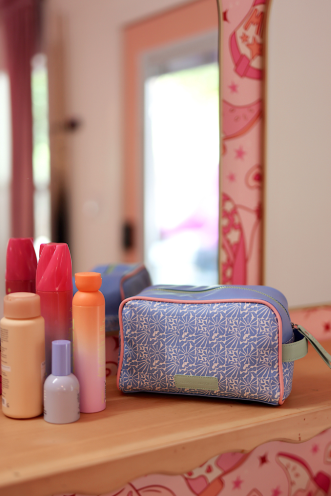 Handle Cosmetic Bag - 'Baby' Embroidered (Blue/Matcha/Coral)