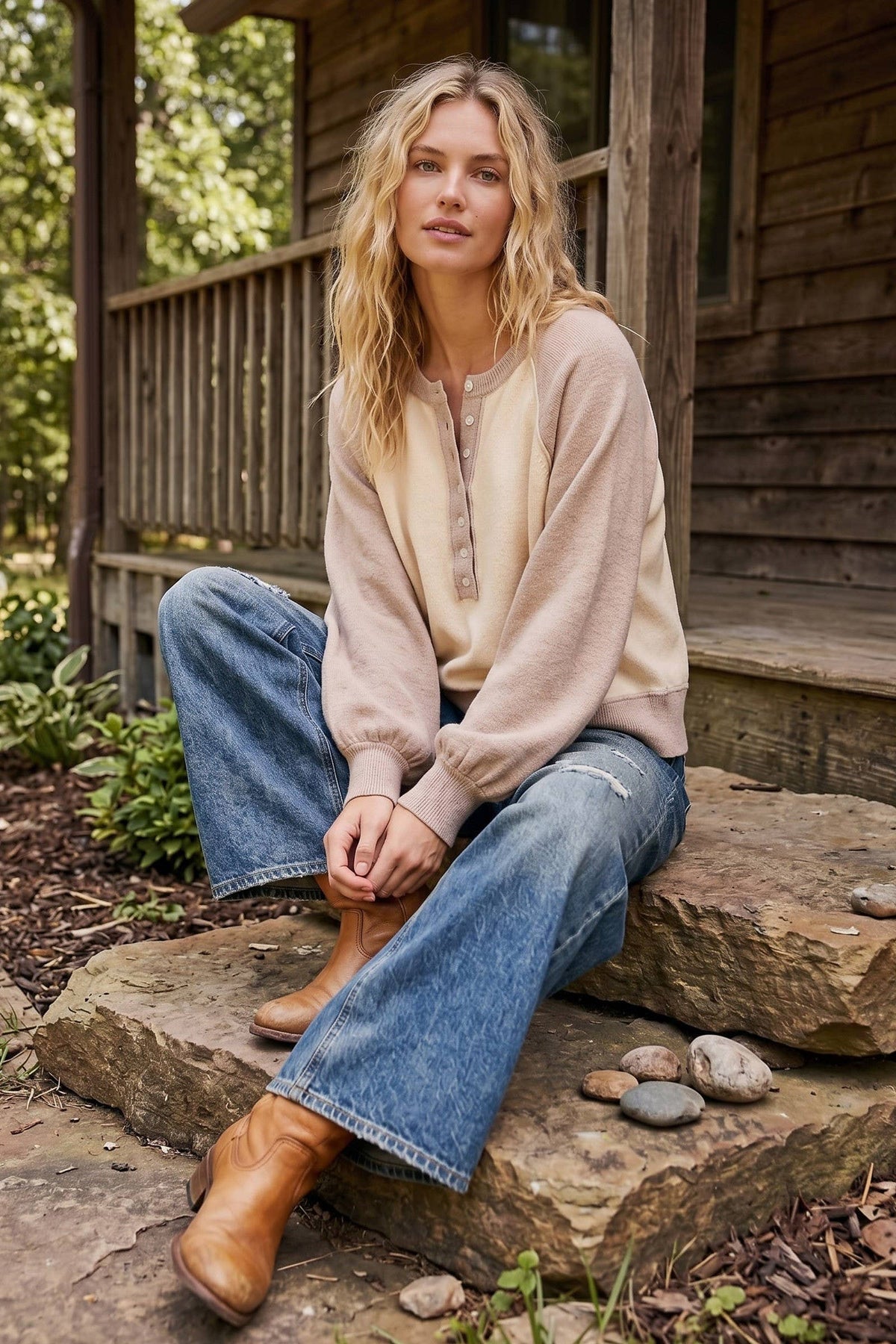 Color Block Henley Sweater: Taupe/Cream