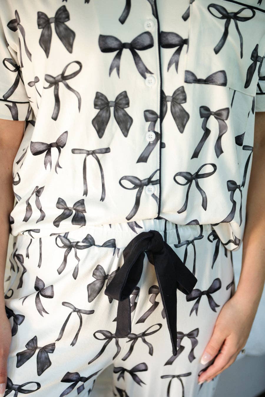 Midnight Bow Pant Ruffle Pajama Set: White