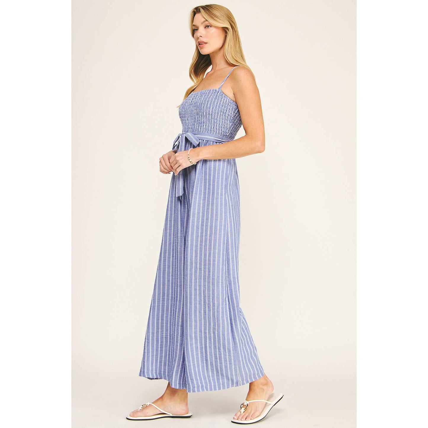 Coastal Stripe Smocked Wide Leg Jumpsuit: Blue