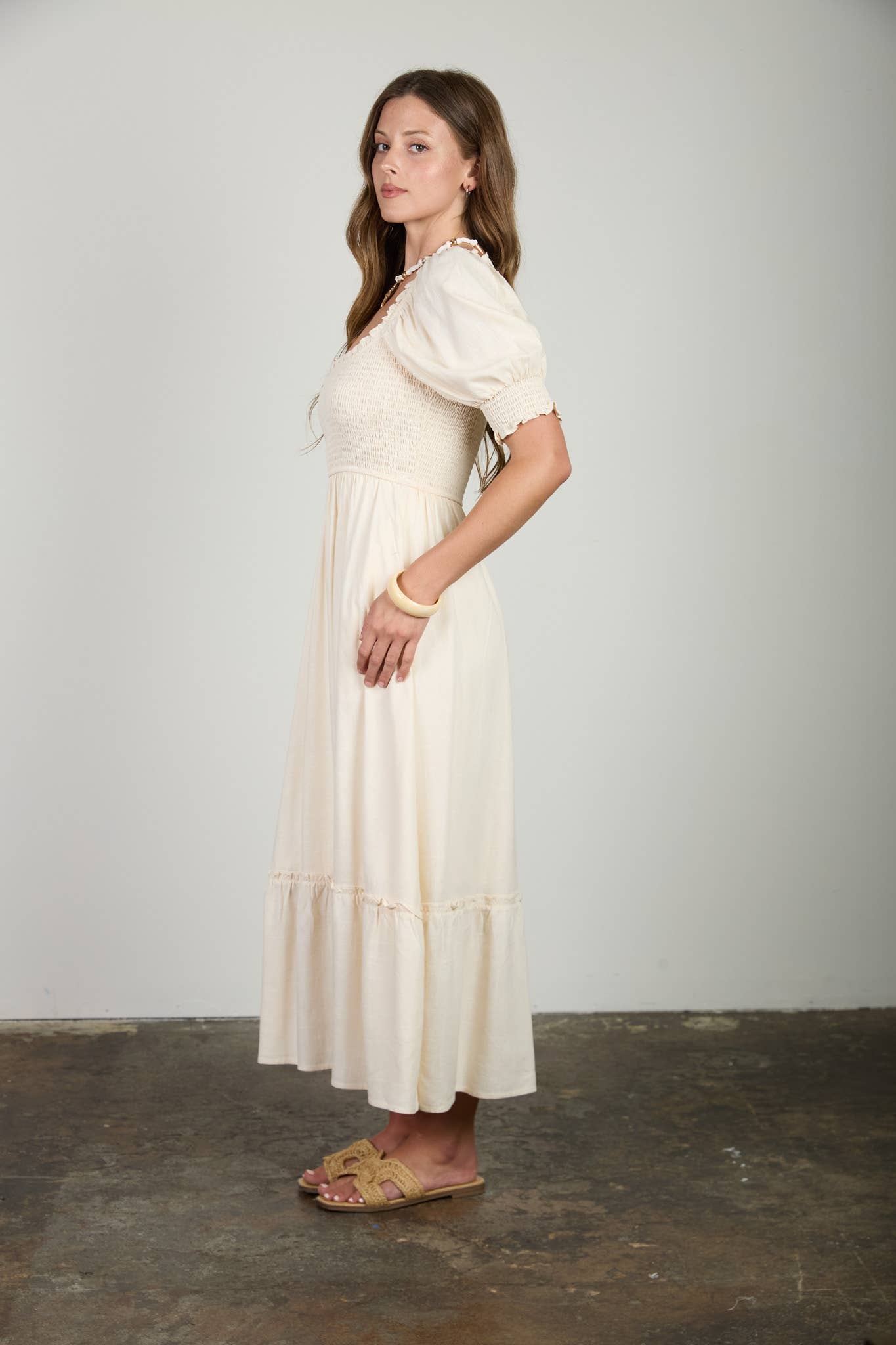 Anne Smocked Puff Sleeve Midi Dress: Cream