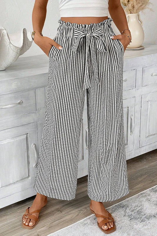 Striped Tie Knot Wide Leg Pants - Black