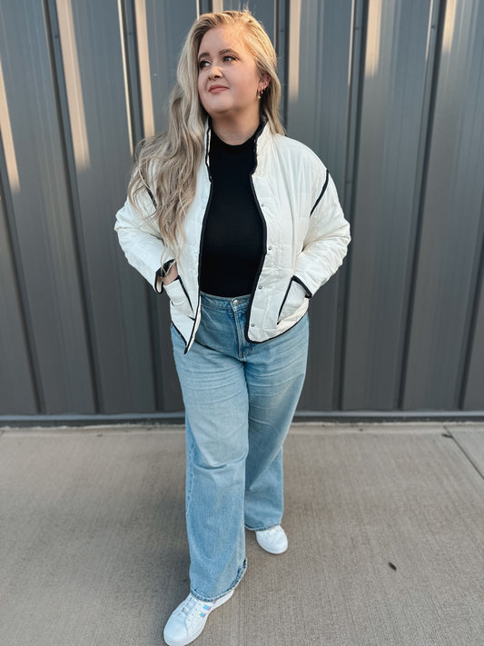 Hepburn Quilted Jacket: White w/ Black Trim