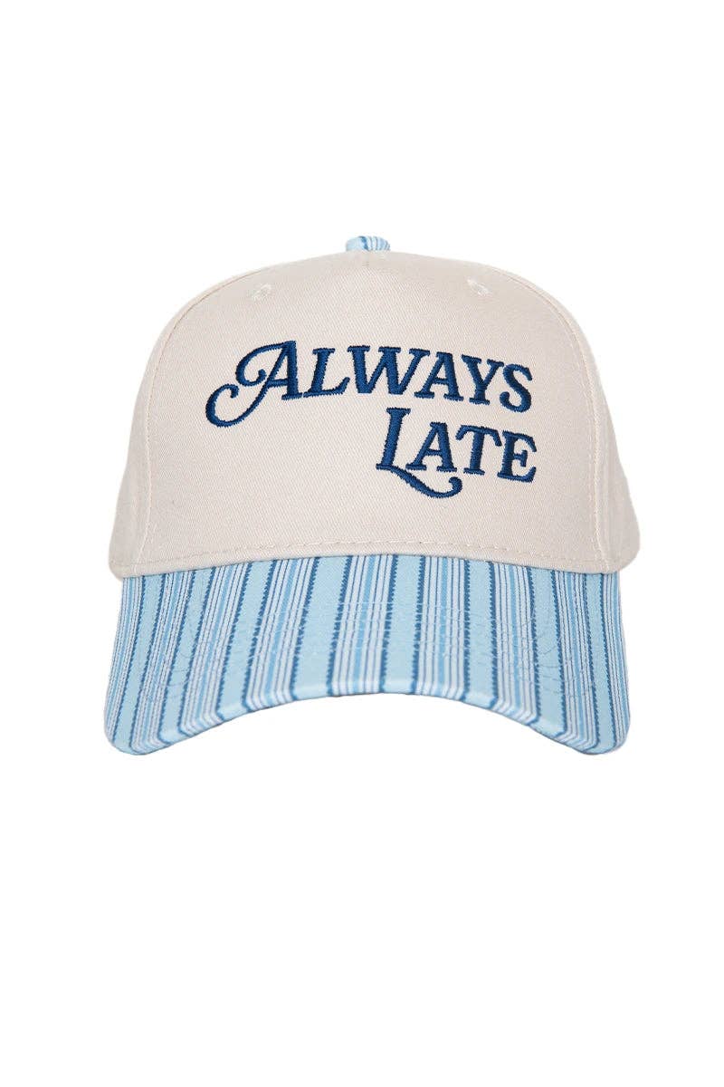 Always Late Vintage Style Trucker Hats: Light Blue Stripe