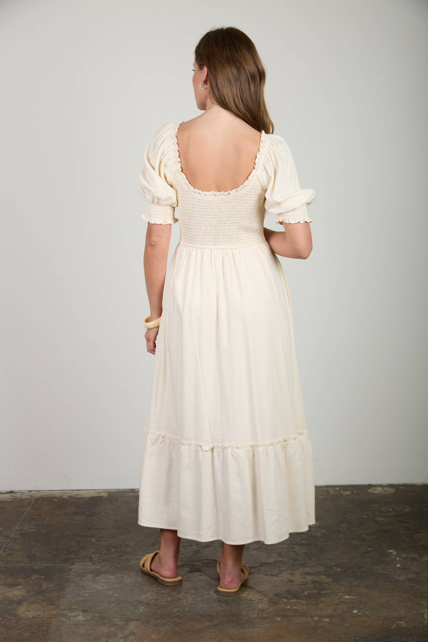 Anne Smocked Puff Sleeve Midi Dress: Cream