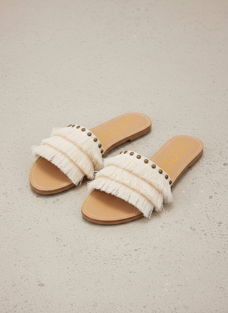 MARGARITA Fringe Tassel Slide Sandals Satin Upper Summer Fla: BLUSH / B12