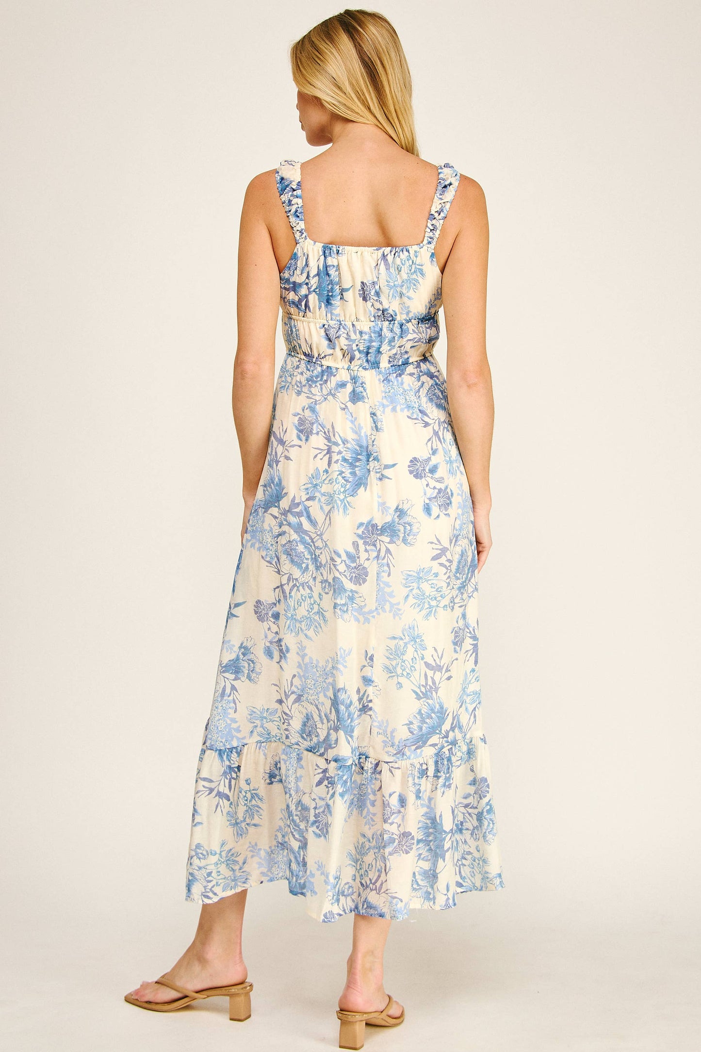 Juliette Soft Blue Floral Midmaxi Dress - Blue/Cream