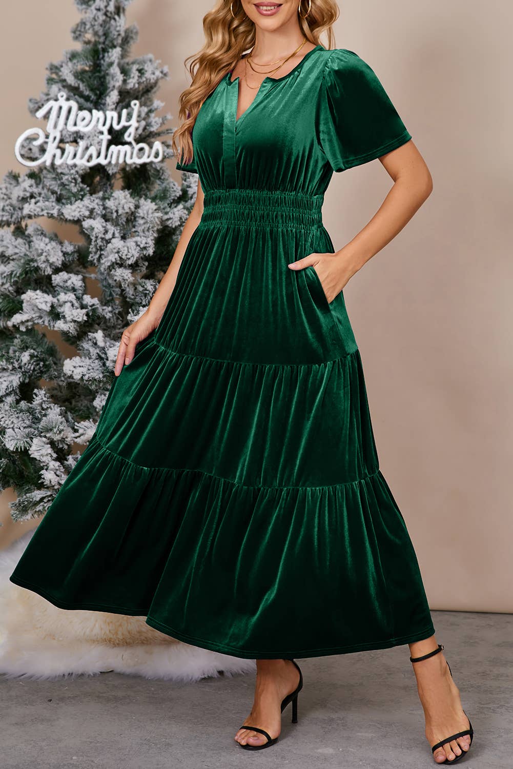 Chic Velvet Shirred Waist Tiered Fall Maxi Dress