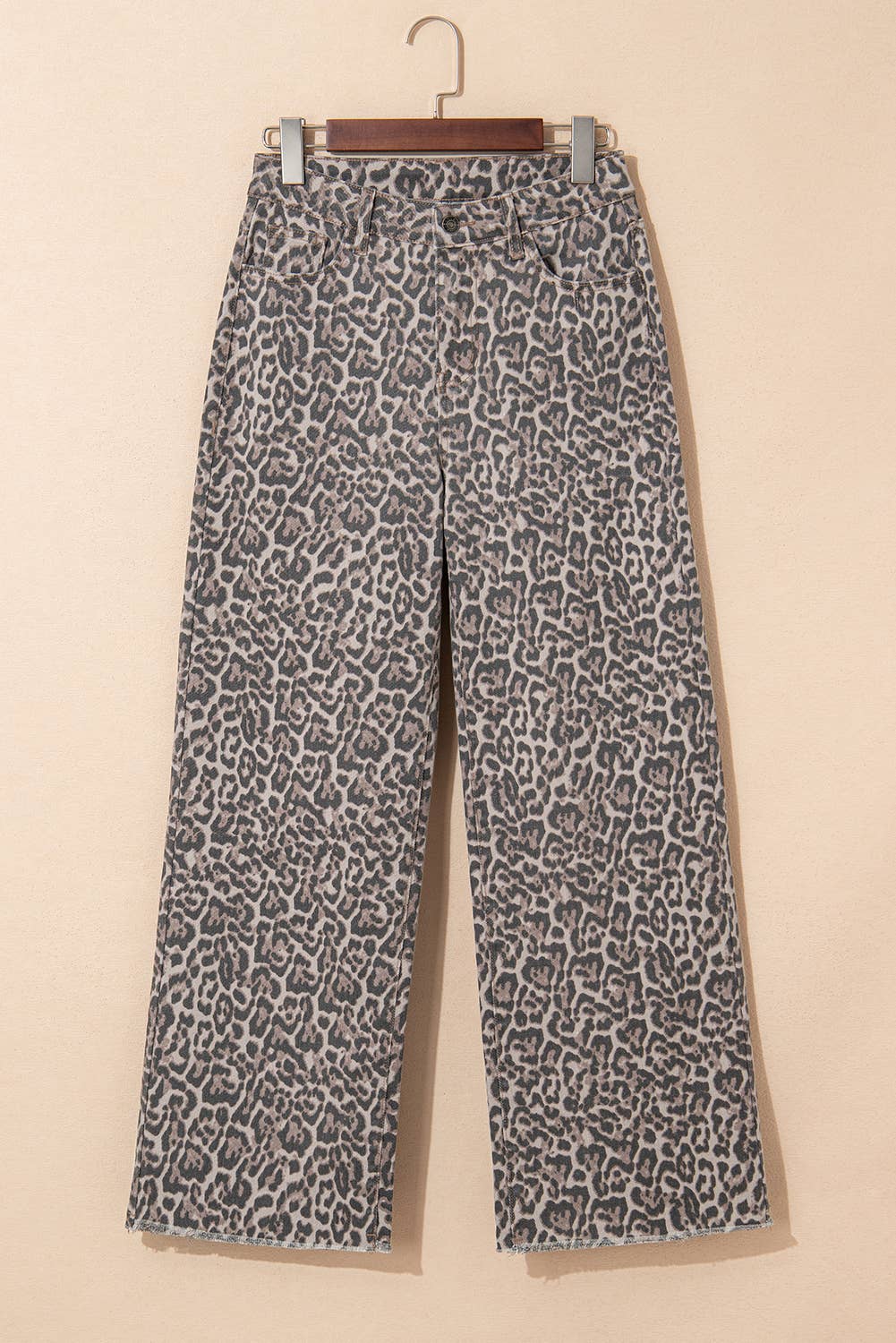 Spring Leopard Frayed Edge Wide Leg High Waist Jeans: Brown